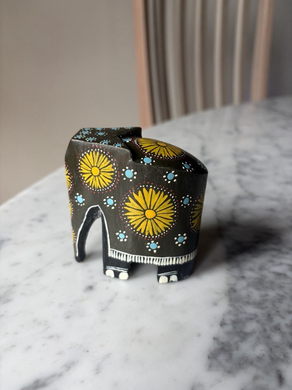 Vtg Miniature Hand Carved / Painted Wood Elephant Figurine Yellow Floral Design